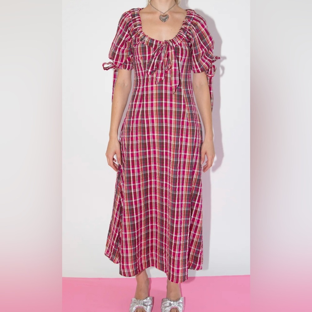 Damson Madder Cassandra Bow Midi Dress In Pink Plaid